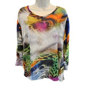 CTC Carole Turner tie-dye leapord accent bright semi Sheer layering top M USA